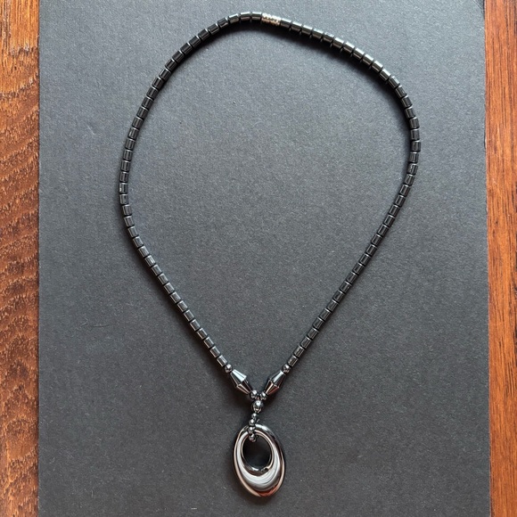 Hematite Block Bead Necklace With Circle Pendant | 17IN - Picture 1 of 7
